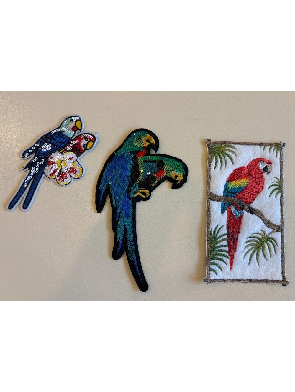 3 Vintage Parrot Applique Patch Lot Sequin Embroidered Macaw Birds DIY Craft